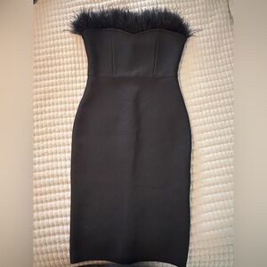 Feather Trim Elegant Black Strapless Dress
